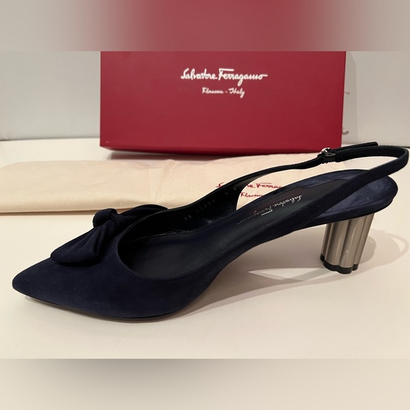 Salvatore Ferragamo Shoes - Salvatore Ferragamo Navy Suede Slingbacks with silver tone heel. US Size 9C